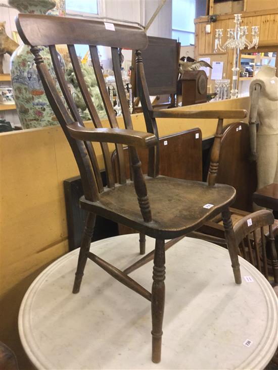 Victorian elm and ash lathe back kitchen elbow chair and a kitchen dining chair